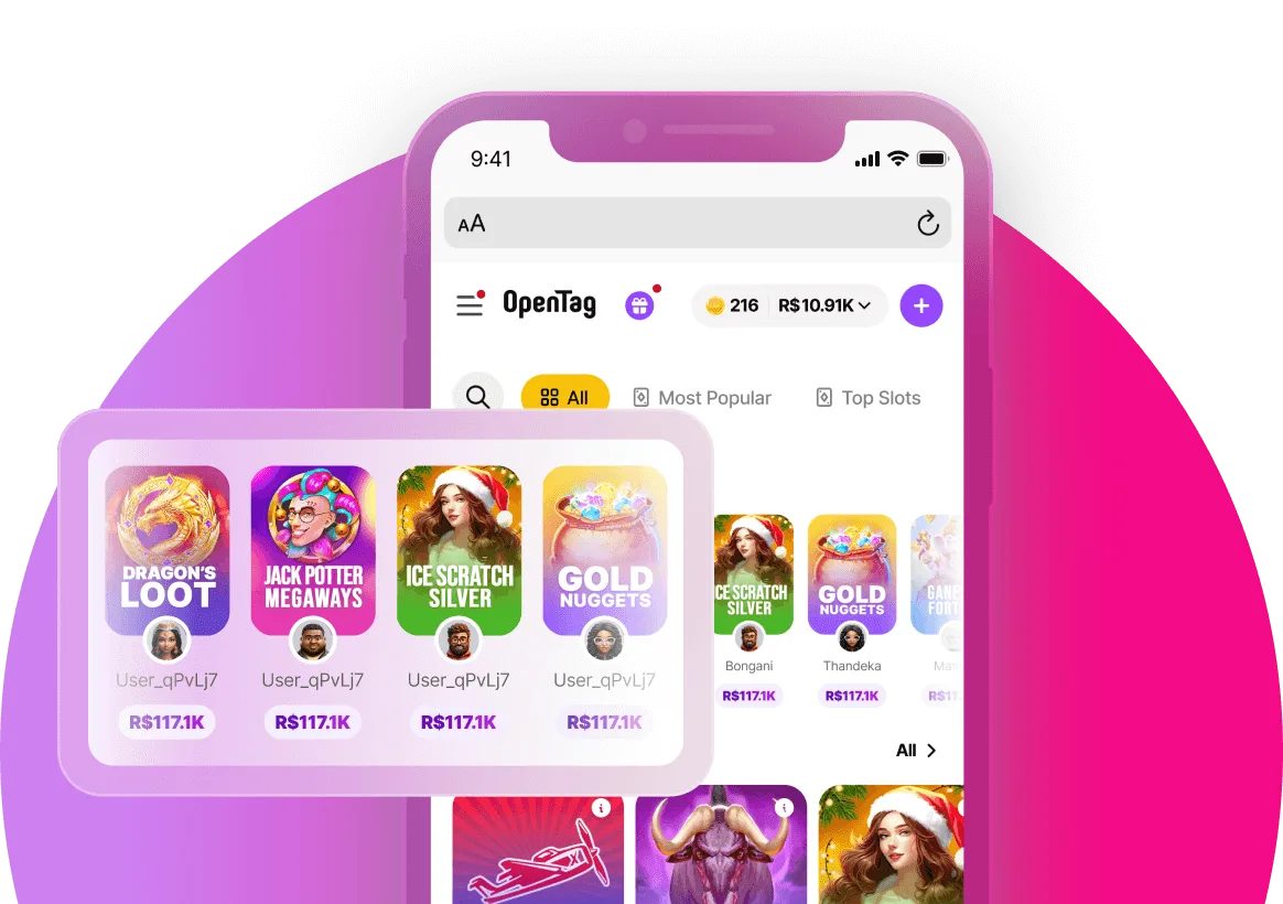 El lobby de casino de OpenTag en el móvil: carriles de categorías, Hot Games automáticos y un feed de ganadores. Datos de demostración.